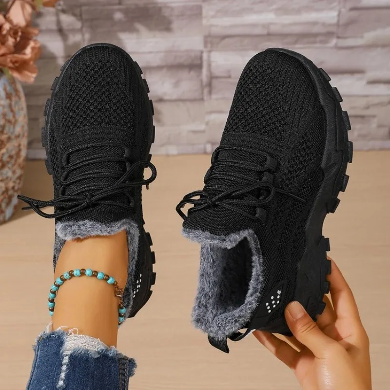 Women Winter Thermal Sneakers  - Knit Fabric Lace Up Sneakers 评论和价格