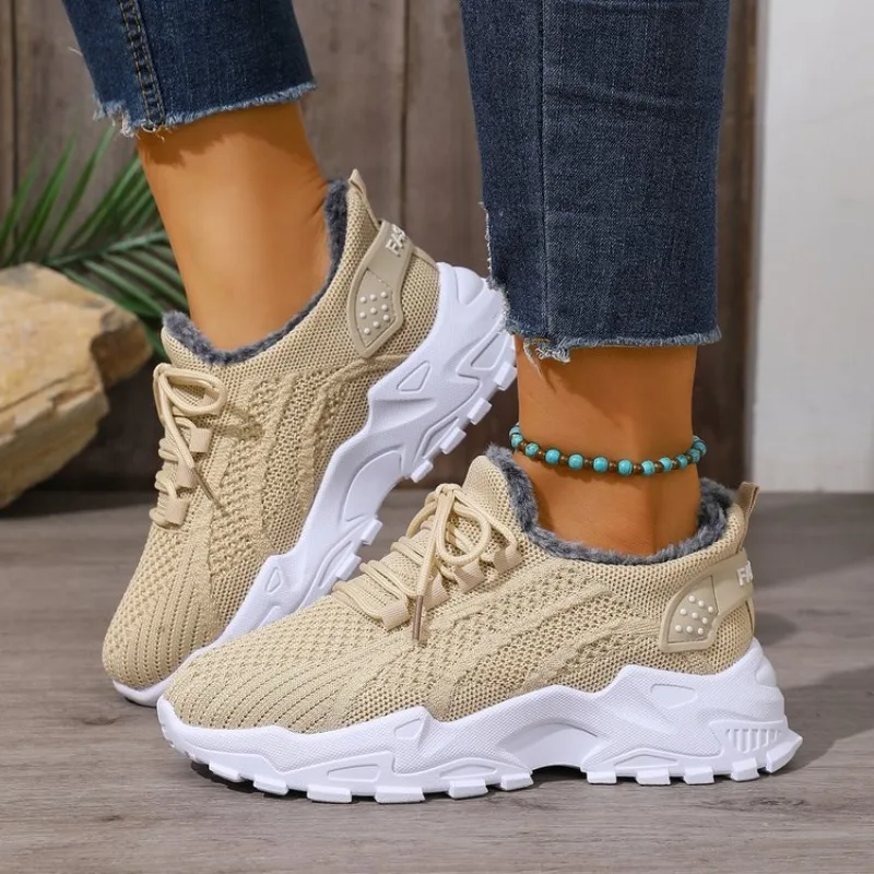 Women Winter Thermal Sneakers  - Knit Fabric Lace Up Sneakers 评论和价格