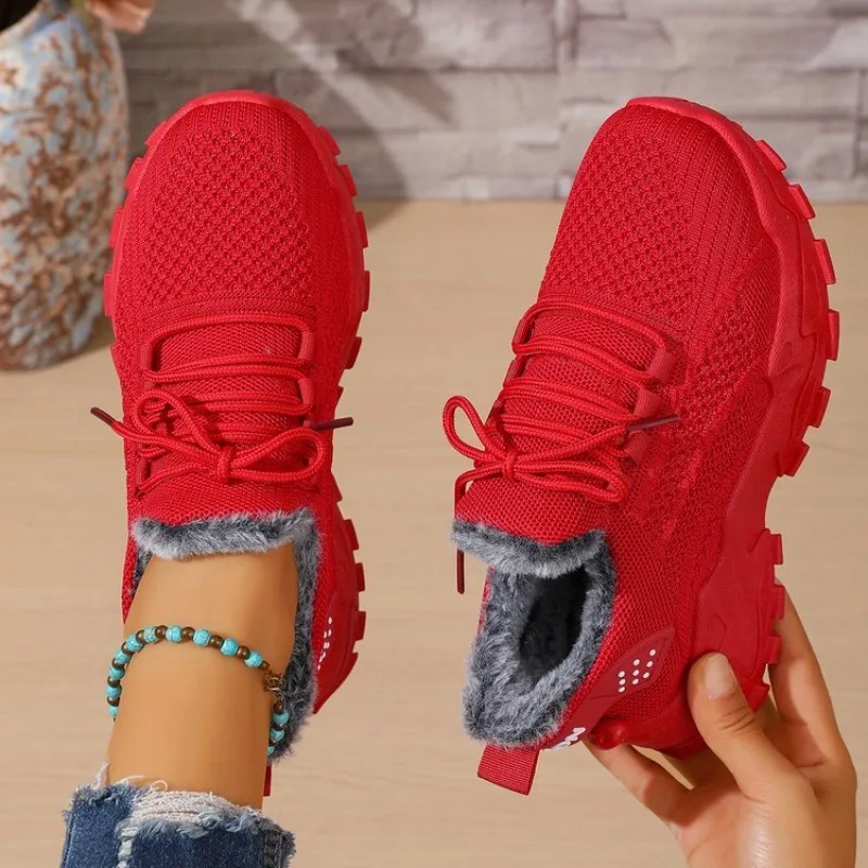 Women Winter Thermal Sneakers  - Knit Fabric Lace Up Sneakers 评论和价格
