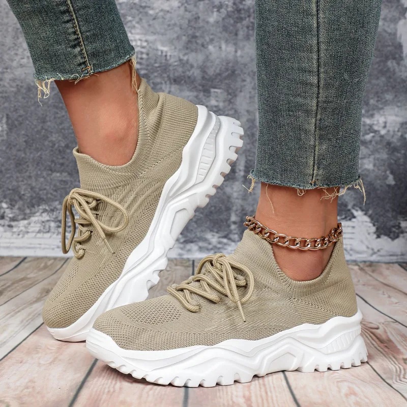 Fashion Chunky Platform Sneake - Knit Fabric Lace Up Sneakers 评论和价格